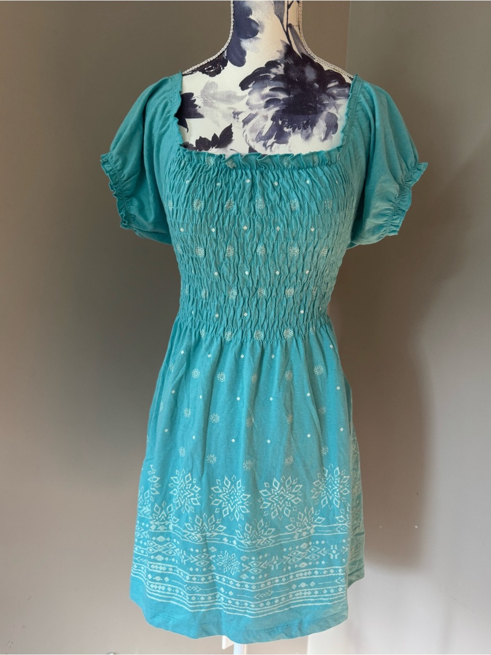 Y2K N.W.D Smocked Top With Ruffle Neckline & All Over White Dotted Pattern